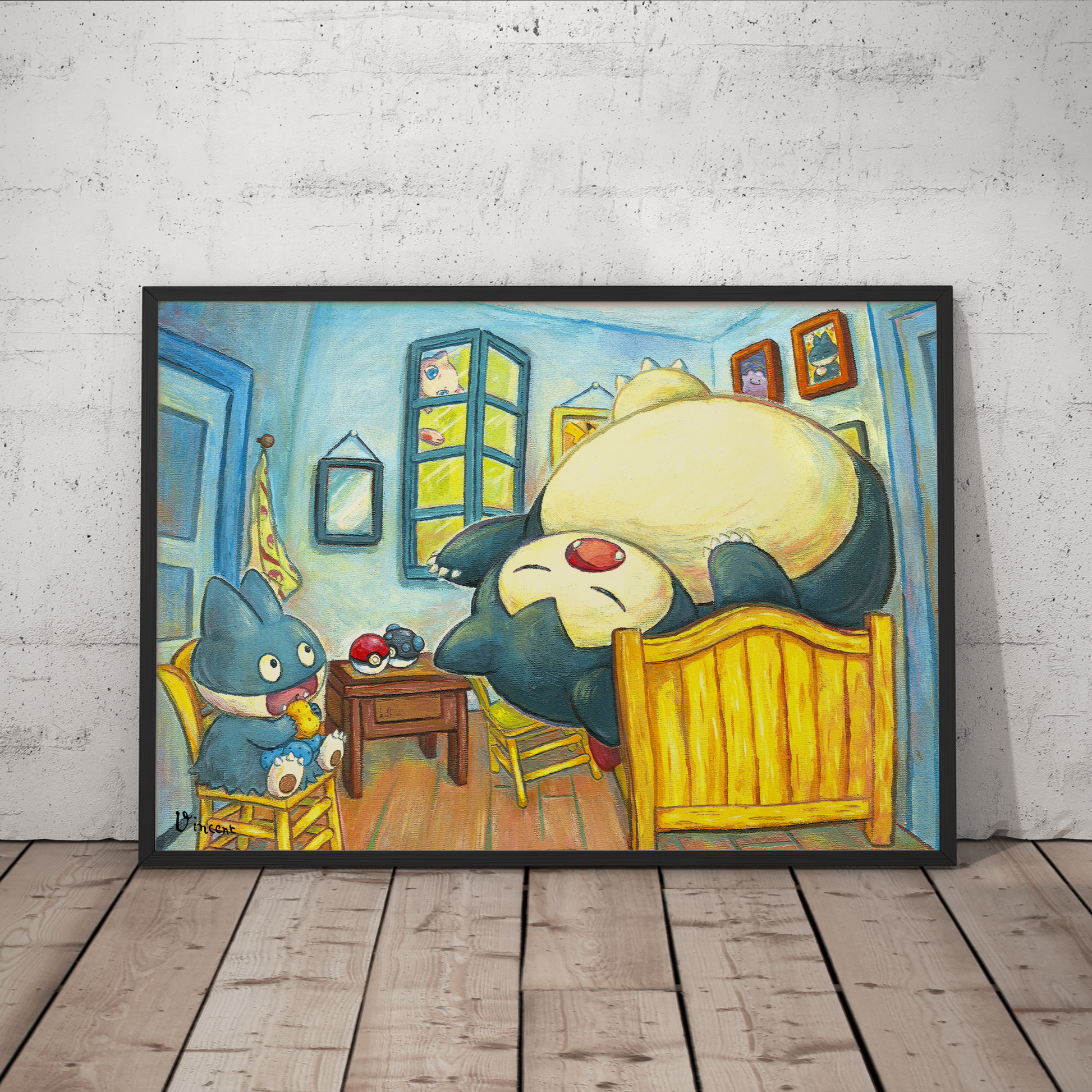 Pokemon Van Gogh Trio Poster prints x3, Pikachu, Eevee, Snorlax, Pokemon, Artwork, Framed, Museum, Poster